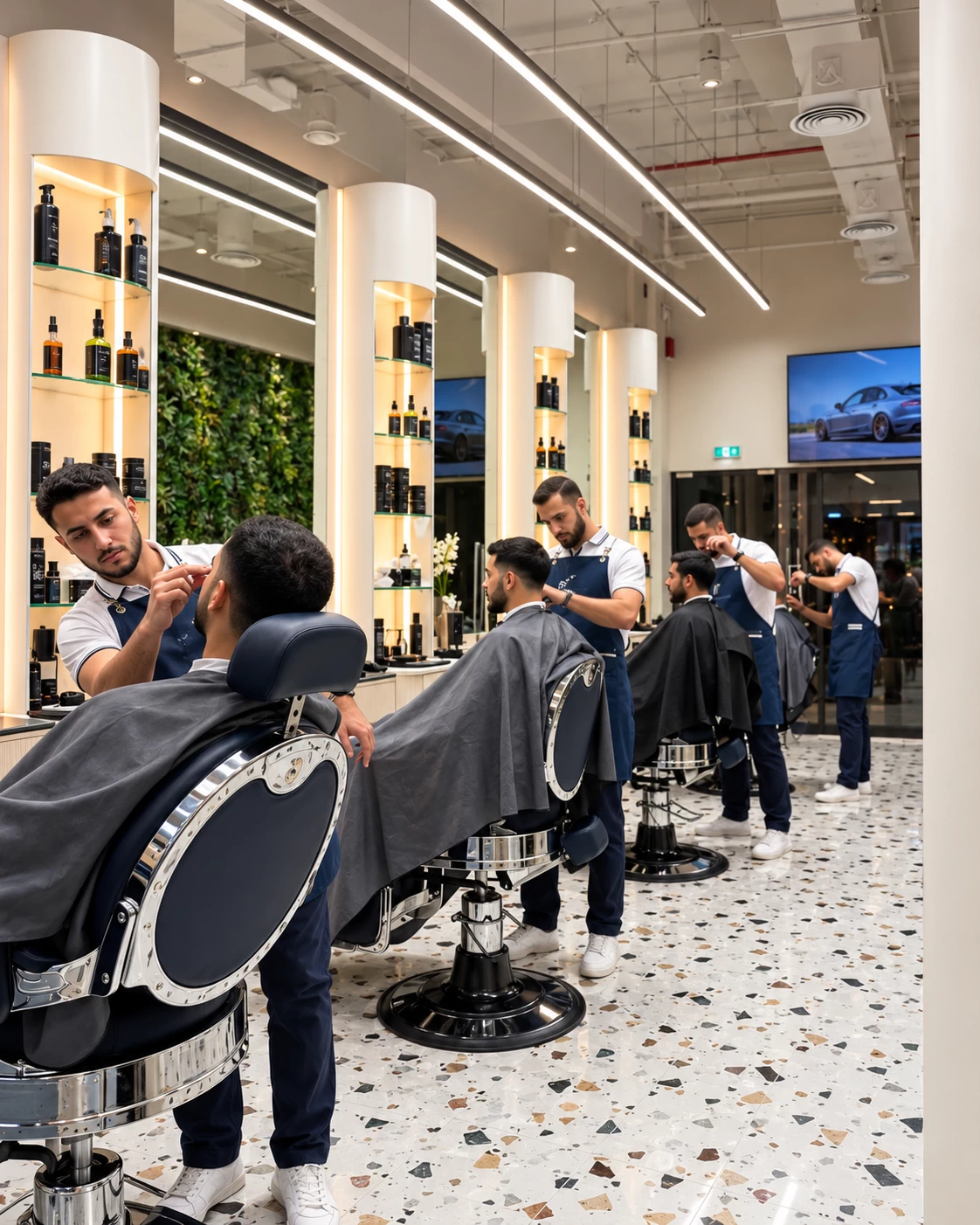 Three barbers cutting hair at chrome chairs on the terrazzo floor of Spazio Gents Salon in JVC, Dubai