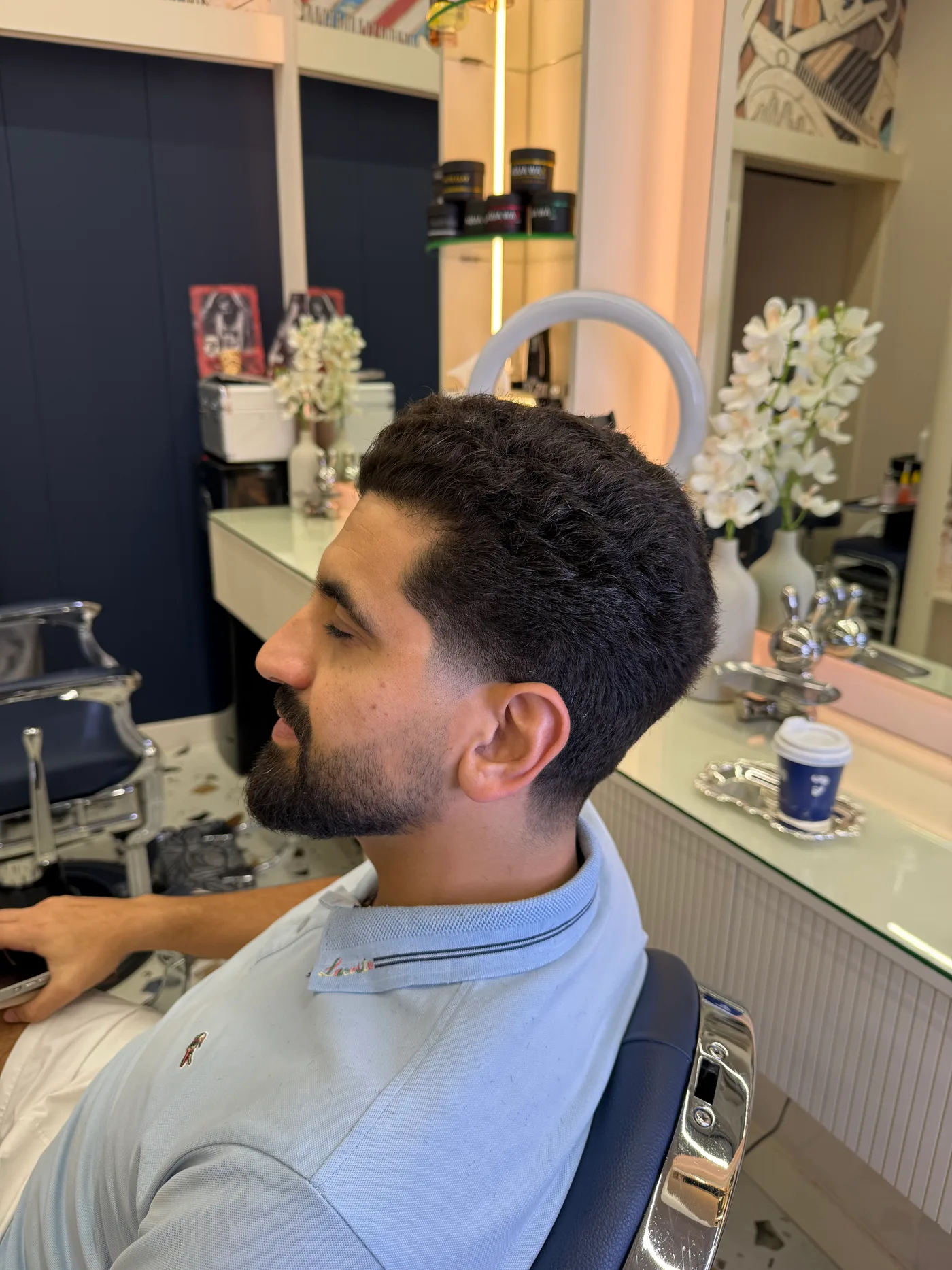 Finished haircut and shaped beard, side profile, at Spazio Gents Salon in JVC, Dubai
